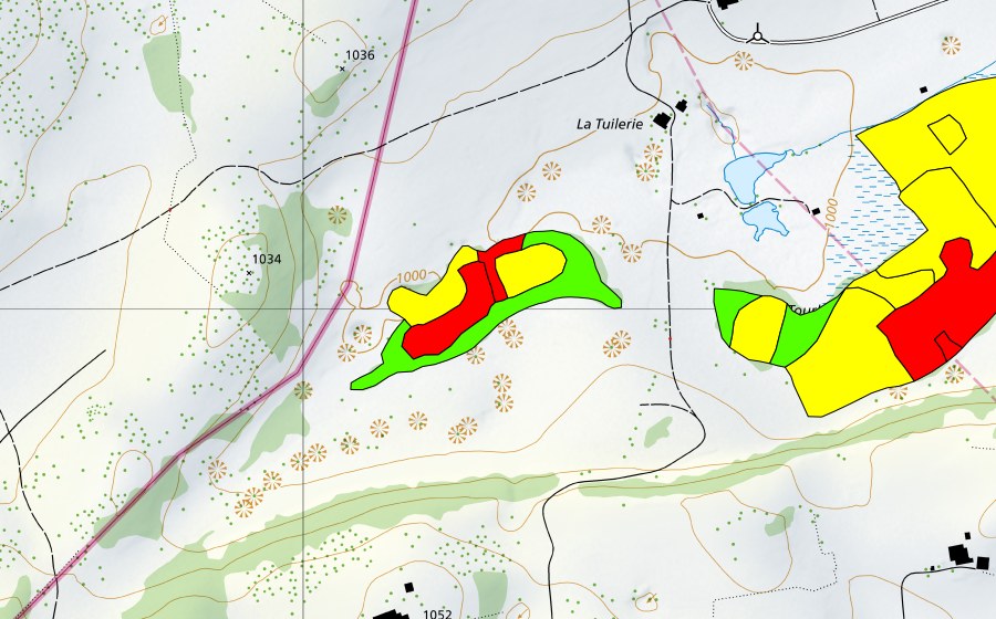 swisstopo national map showing the protected perimeter of Tourbières de la Chaux d'Abel (Raised bog)