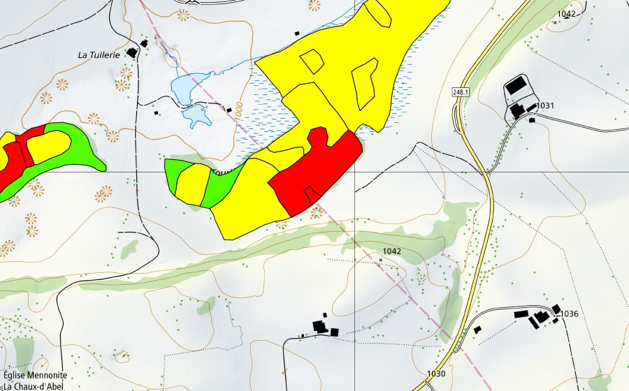 Carte nationale swisstopo avec le périmètre protégé de Tourbières de la Chaux d'Abel (Haut-marais)