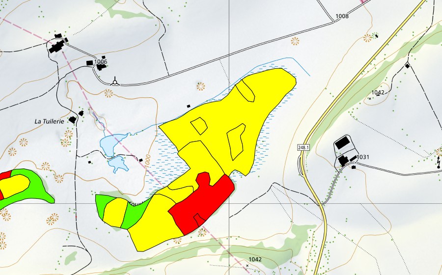 Carte nationale swisstopo avec le périmètre protégé de Tourbières de la Chaux d'Abel (Haut-marais)