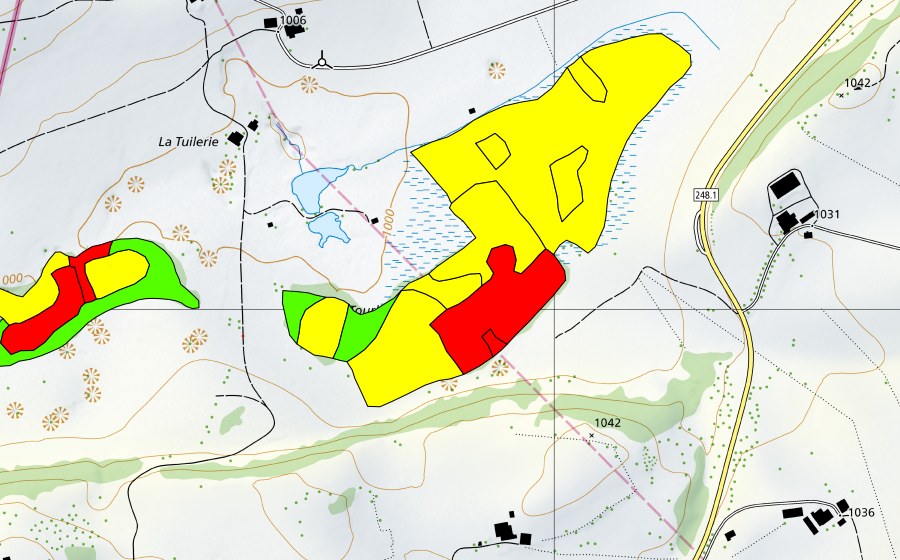 Landeskarte swisstopo mit dem Schutzperimeter von Tourbières de la Chaux d'Abel (Hochmoor)