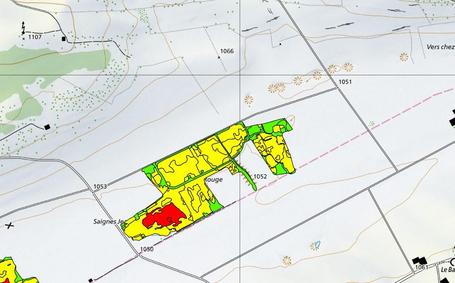 Carte nationale swisstopo avec le périmètre protégé de Tourbières du Cachot (Le Marais/Marais Rouge) (Haut-marais)