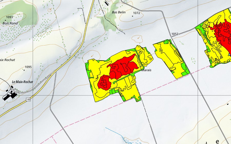 Landeskarte swisstopo mit dem Schutzperimeter von Tourbières du Cachot (Le Marais/Marais Rouge) (Hochmoor)