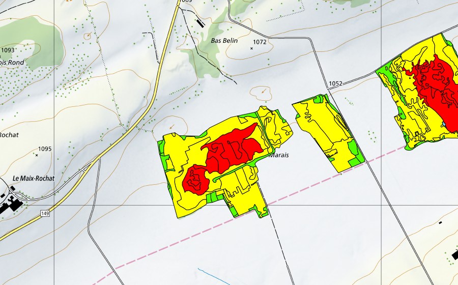 Carte nationale swisstopo avec le périmètre protégé de Tourbières du Cachot (Le Marais/Marais Rouge) (Haut-marais)