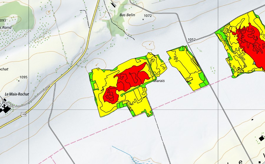 Carte nationale swisstopo avec le périmètre protégé de Tourbières du Cachot (Le Marais/Marais Rouge) (Haut-marais)