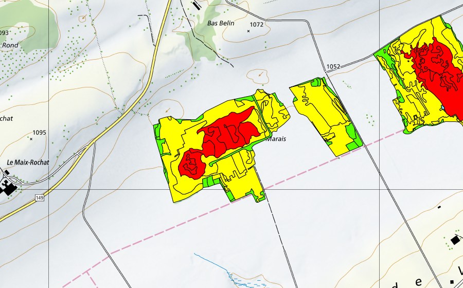 Carte nationale swisstopo avec le périmètre protégé de Tourbières du Cachot (Le Marais/Marais Rouge) (Haut-marais)