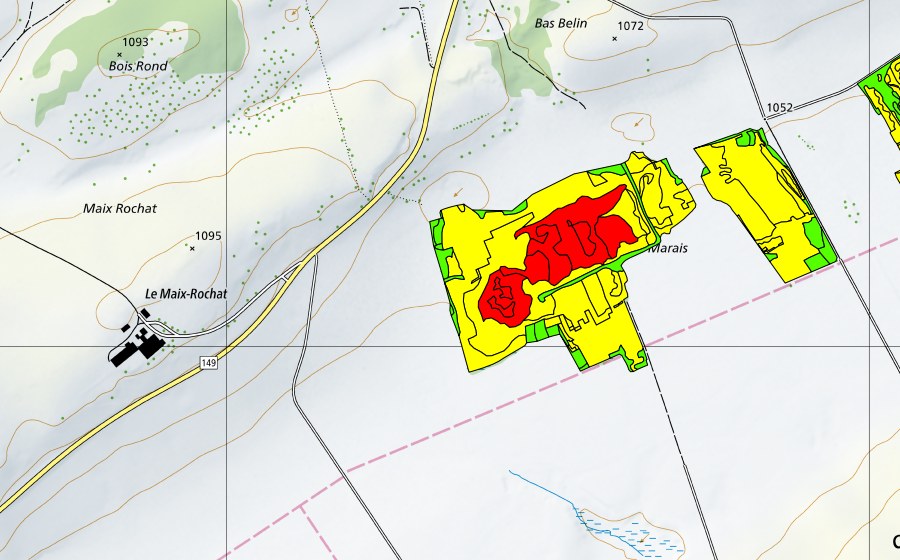 Carte nationale swisstopo avec le périmètre protégé de Tourbières du Cachot (Le Marais/Marais Rouge) (Haut-marais)