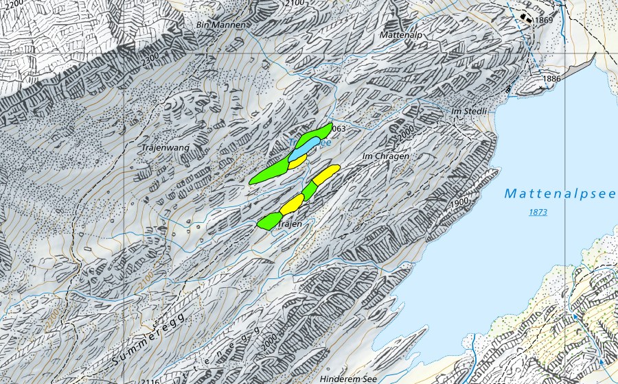 Carte nationale swisstopo avec le périmètre protégé de Träjen (Haut-marais)