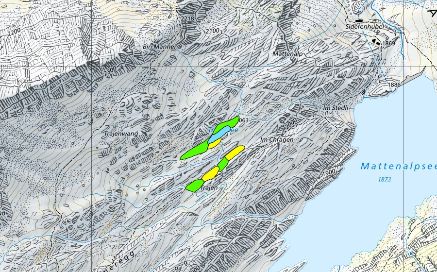 Carte nationale swisstopo avec le périmètre protégé de Träjen (Haut-marais)