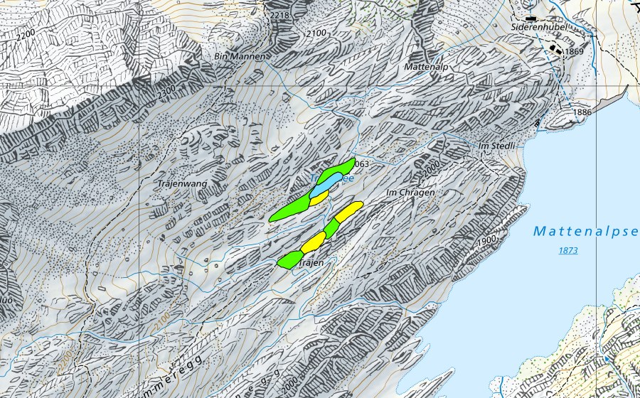 swisstopo national map showing the protected perimeter of Träjen (Raised bog)