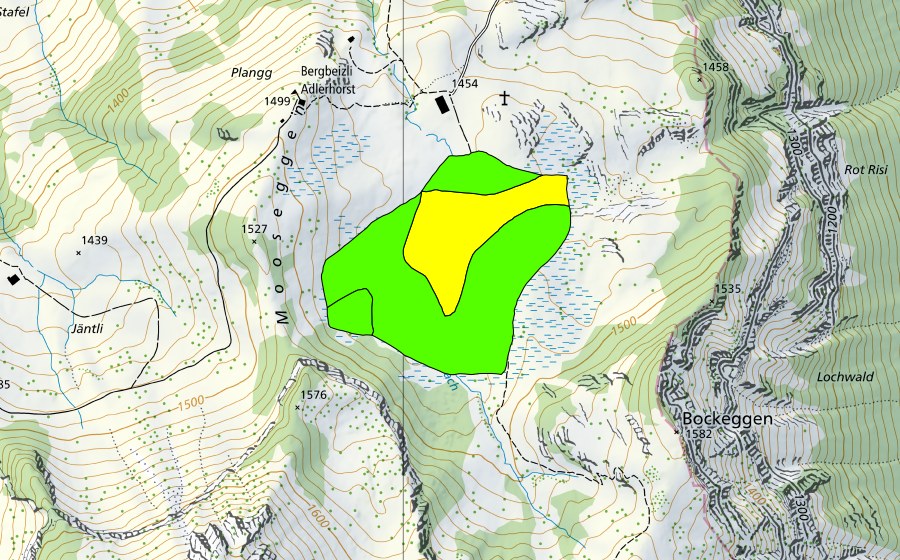 swisstopo national map showing the protected perimeter of Tubenmoos (Raised bog)