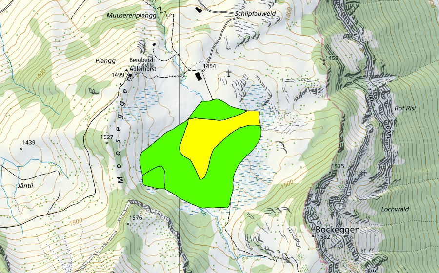 Landeskarte swisstopo mit dem Schutzperimeter von Tubenmoos (Hochmoor)