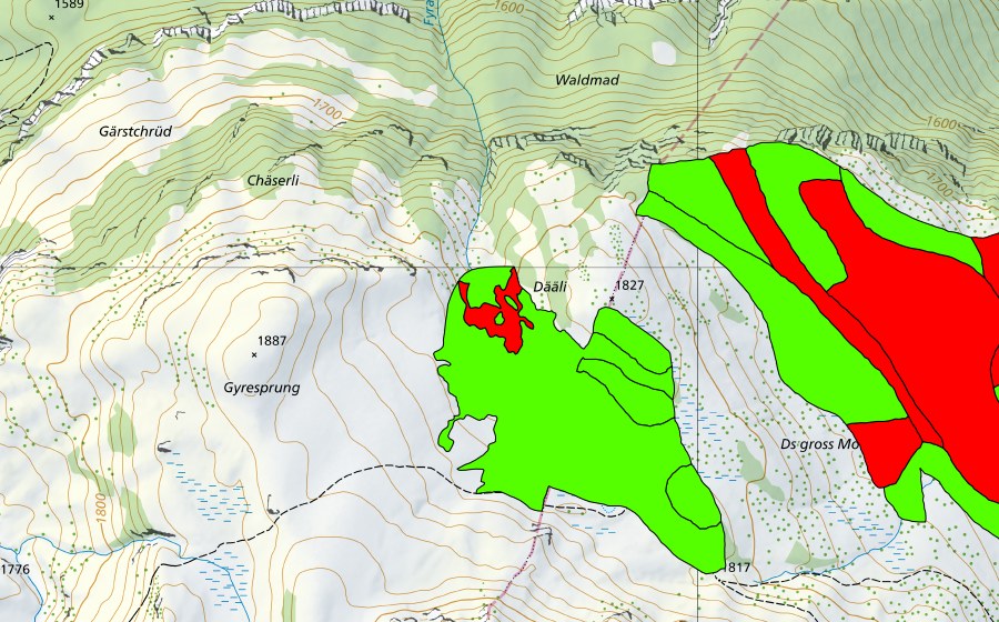swisstopo national map showing the protected perimeter of Turen/Chaltenbrunnen/Stäckewäldli (Raised bog)