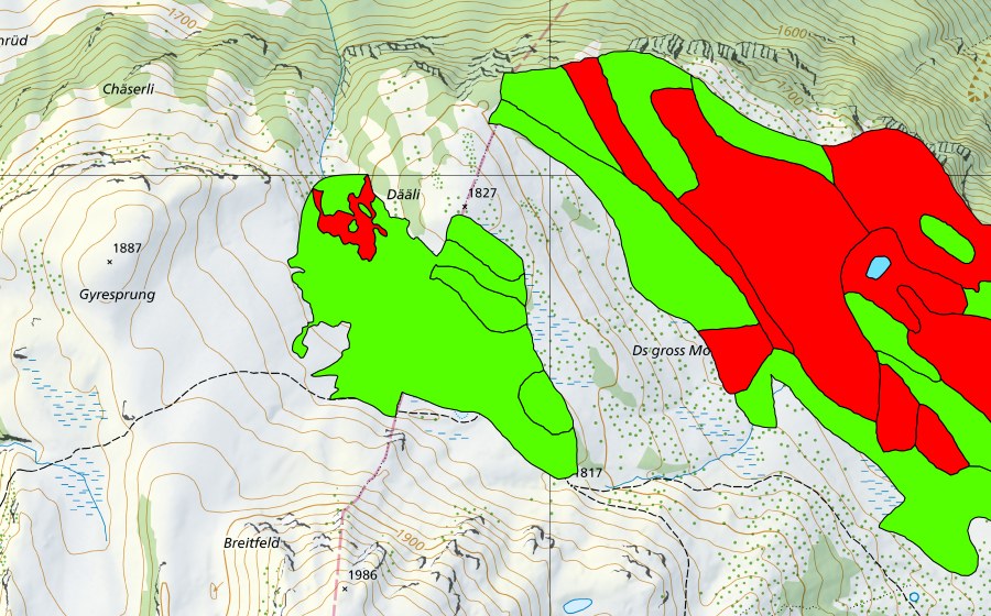 swisstopo national map showing the protected perimeter of Turen/Chaltenbrunnen/Stäckewäldli (Raised bog)