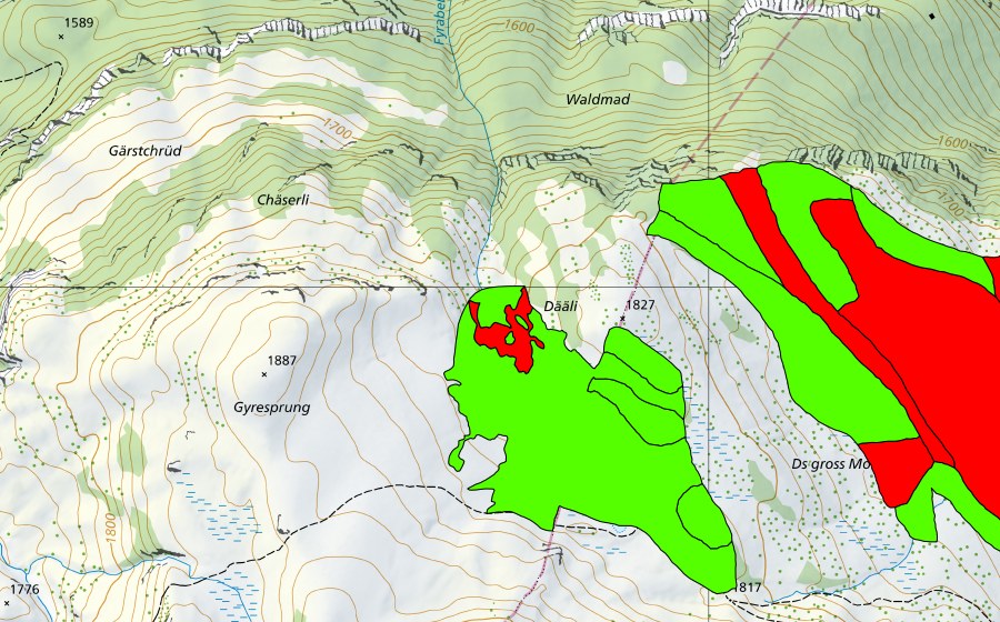 swisstopo national map showing the protected perimeter of Turen/Chaltenbrunnen/Stäckewäldli (Raised bog)