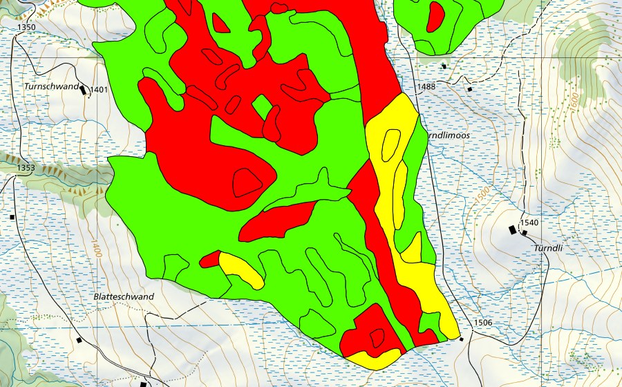Carte nationale swisstopo avec le périmètre protégé de Türnliwald (Haut-marais)