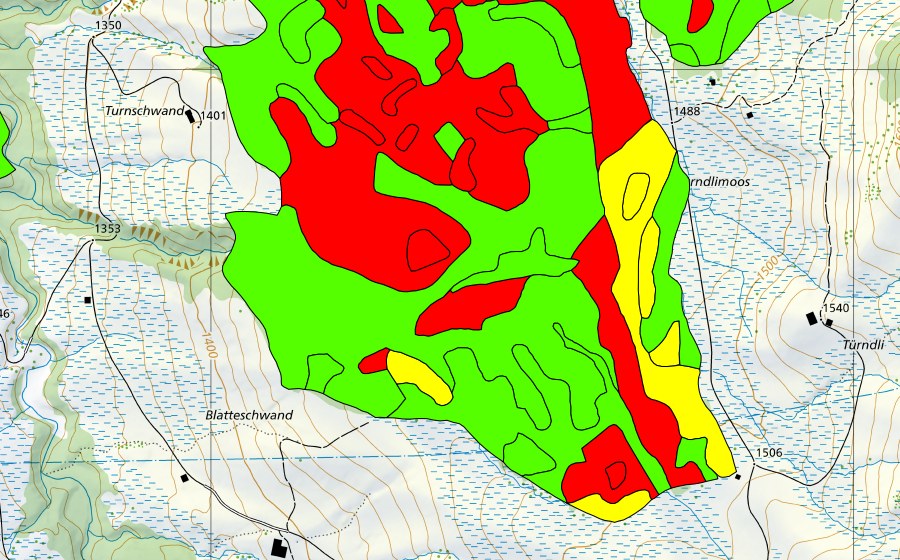 Carte nationale swisstopo avec le périmètre protégé de Türnliwald (Haut-marais)