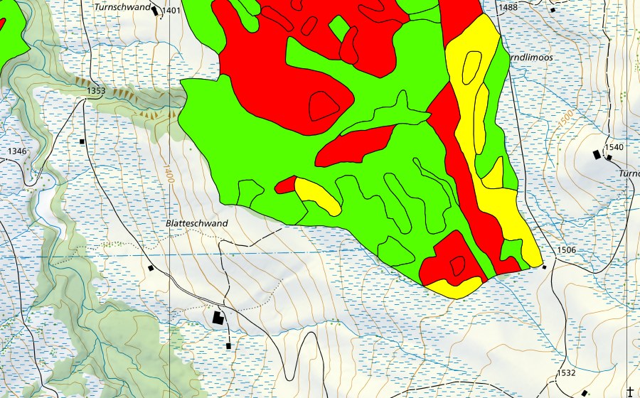 Carte nationale swisstopo avec le périmètre protégé de Türnliwald (Haut-marais)