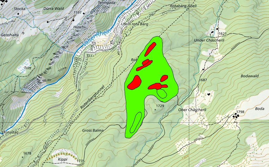 swisstopo national map showing the protected perimeter of Ufem Sand (Raised bog)