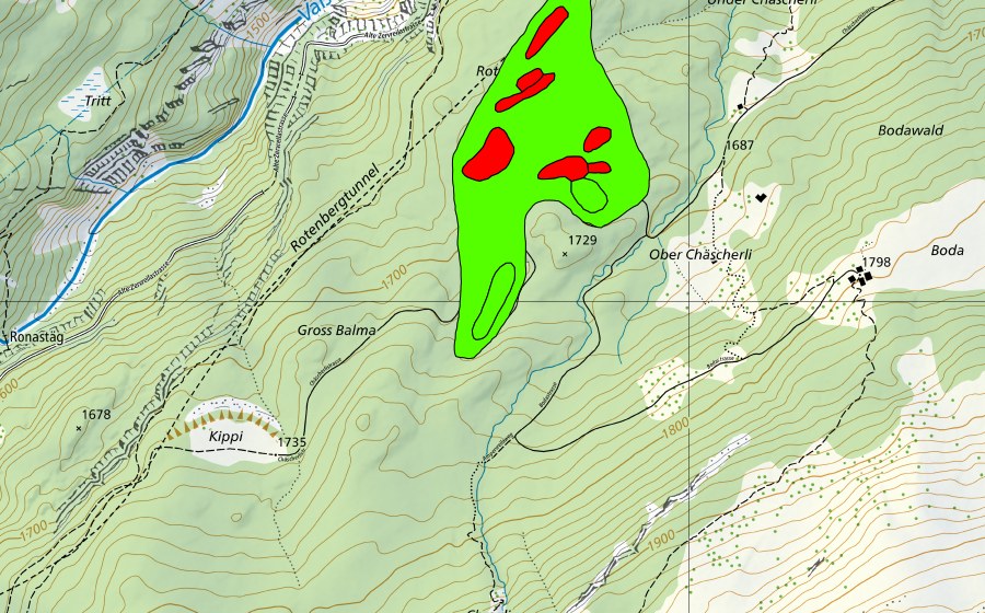 Carte nationale swisstopo avec le périmètre protégé de Ufem Sand (Haut-marais)
