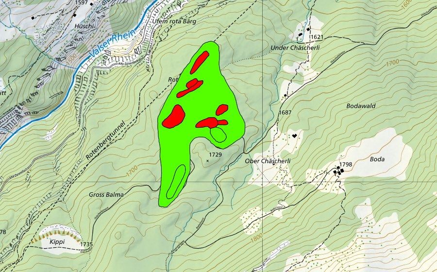 Carte nationale swisstopo avec le périmètre protégé de Ufem Sand (Haut-marais)