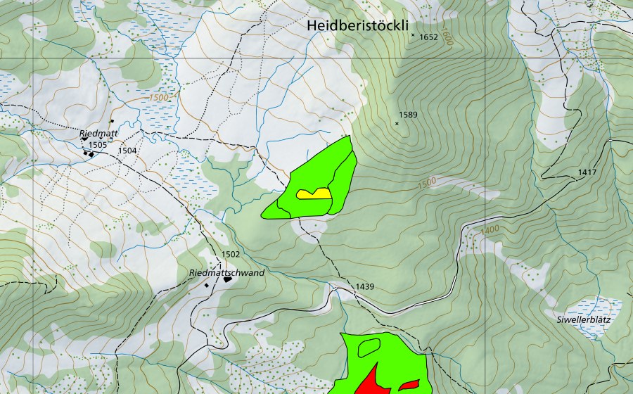 Landeskarte swisstopo mit dem Schutzperimeter von Unter dem Heidberistöckli (Hochmoor)