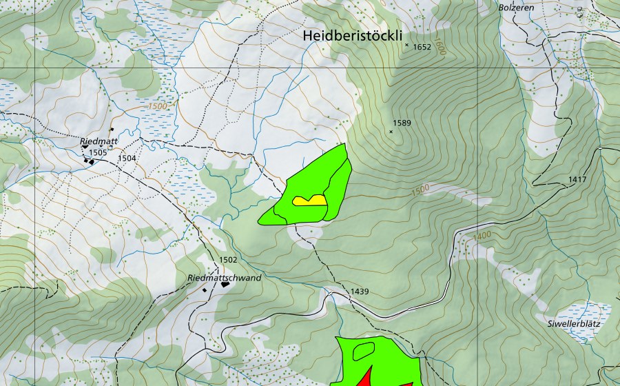Landeskarte swisstopo mit dem Schutzperimeter von Unter dem Heidberistöckli (Hochmoor)