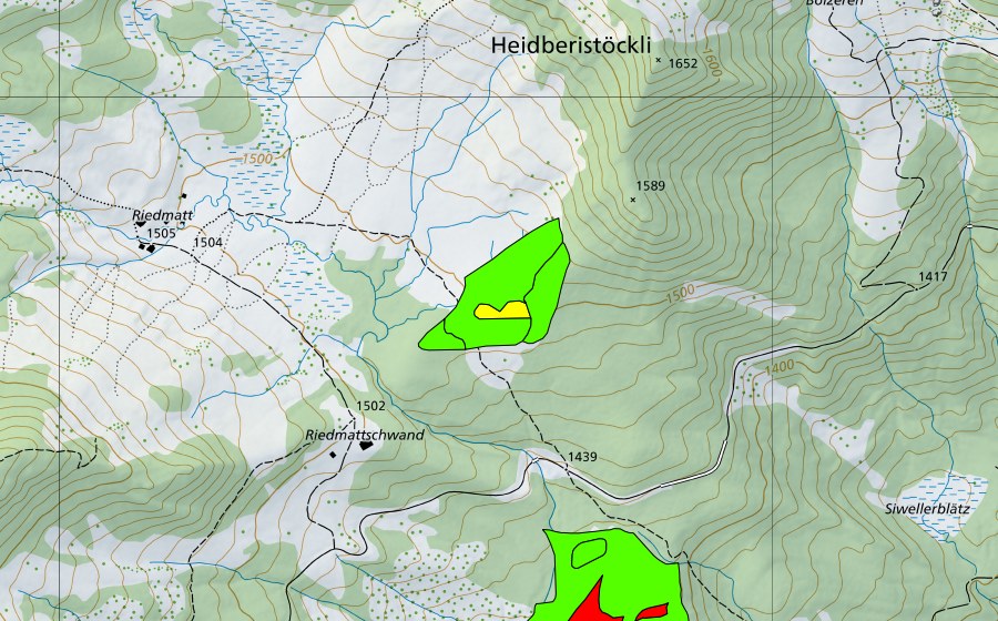 swisstopo national map showing the protected perimeter of Unter dem Heidberistöckli (Raised bog)