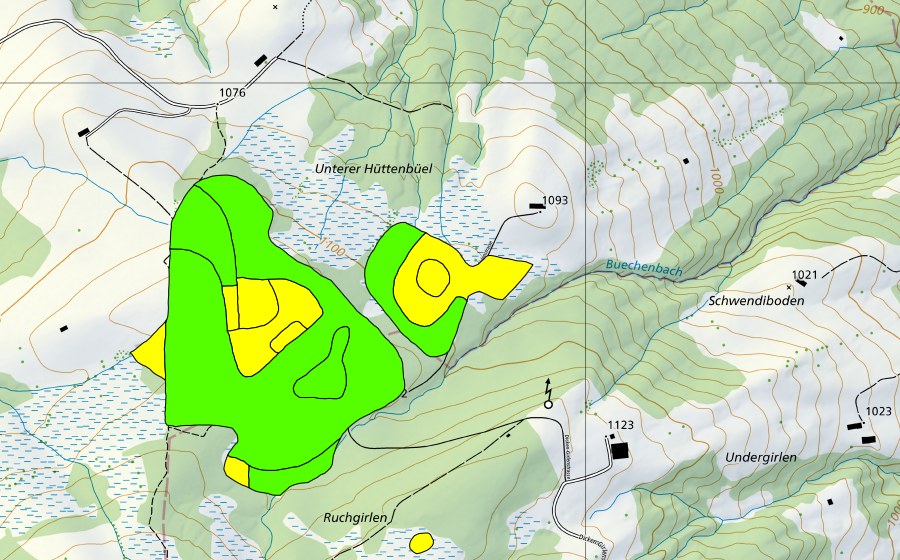 Landeskarte swisstopo mit dem Schutzperimeter von Unter Hüttenbüel (Hochmoor)