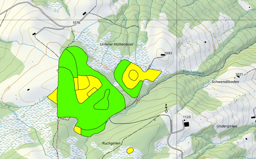 Carte nationale swisstopo avec le périmètre protégé de Unter Hüttenbüel (Haut-marais)