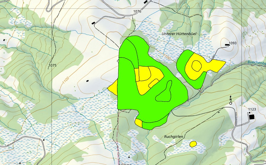Landeskarte swisstopo mit dem Schutzperimeter von Unter Hüttenbüel (Hochmoor)