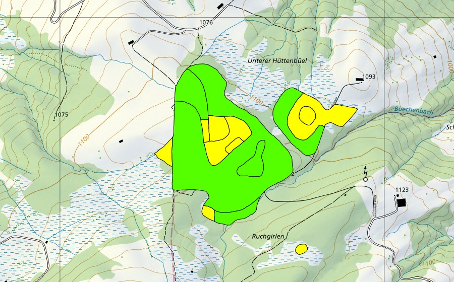 swisstopo national map showing the protected perimeter of Unter Hüttenbüel (Raised bog)