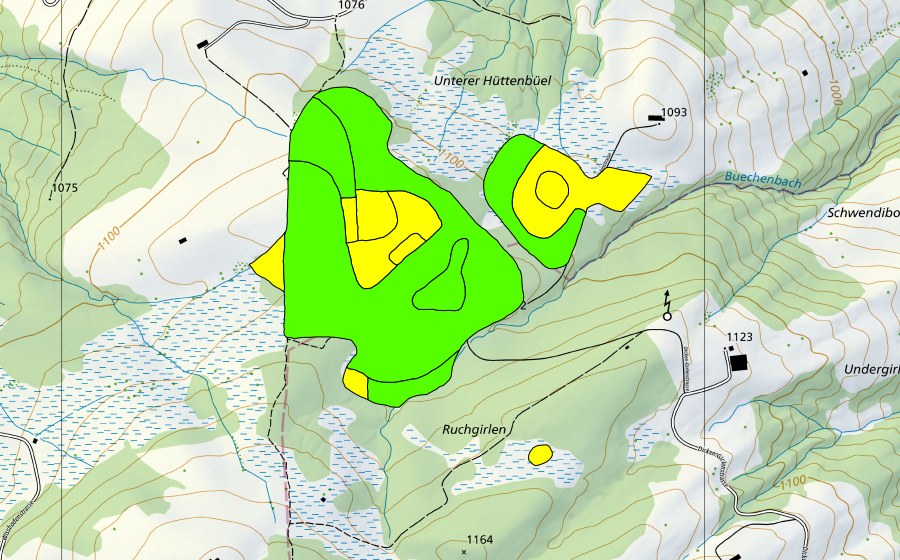 Carte nationale swisstopo avec le périmètre protégé de Unter Hüttenbüel (Haut-marais)
