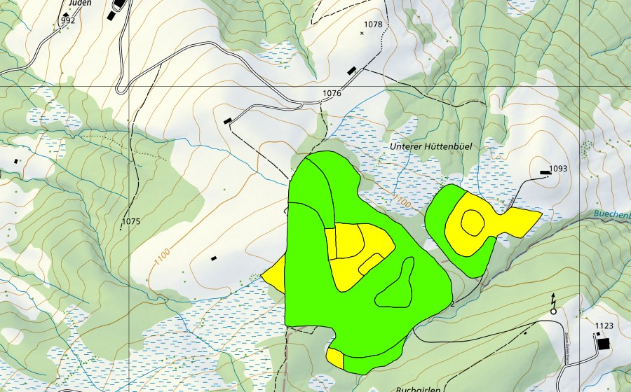 Landeskarte swisstopo mit dem Schutzperimeter von Unter Hüttenbüel (Hochmoor)