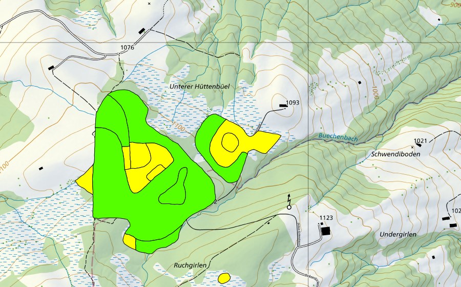 Carte nationale swisstopo avec le périmètre protégé de Unter Hüttenbüel (Haut-marais)