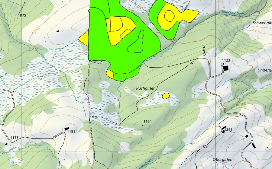 Carte nationale swisstopo avec le périmètre protégé de Unter Hüttenbüel (Haut-marais)