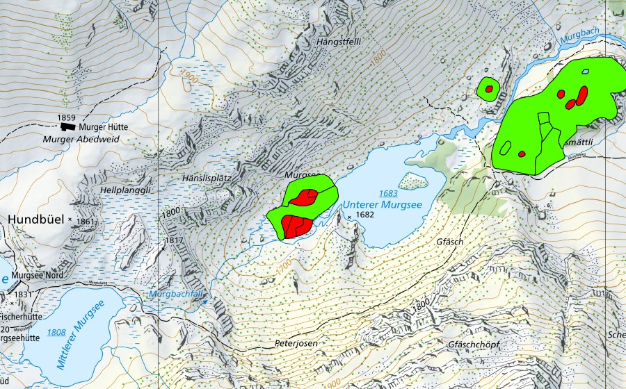 swisstopo national map showing the protected perimeter of Unter Murgsee (Raised bog)