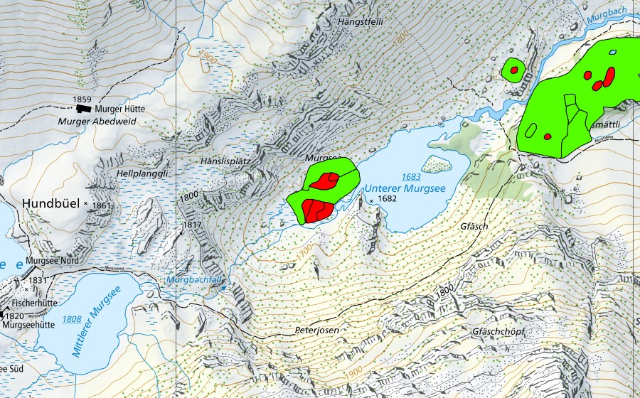 swisstopo national map showing the protected perimeter of Unter Murgsee (Raised bog)