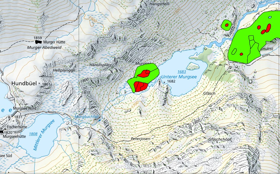 swisstopo national map showing the protected perimeter of Unter Murgsee (Raised bog)