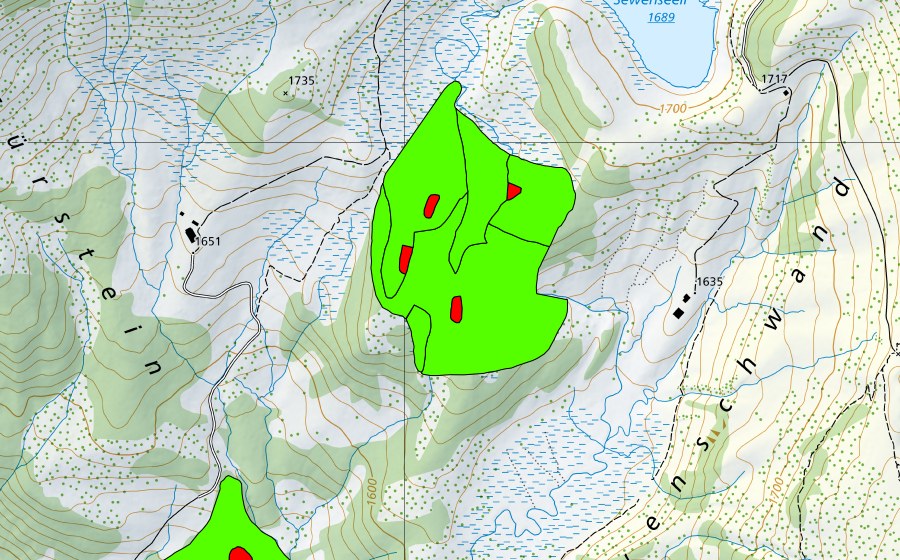 Landeskarte swisstopo mit dem Schutzperimeter von Unter Sewen (Hochmoor)