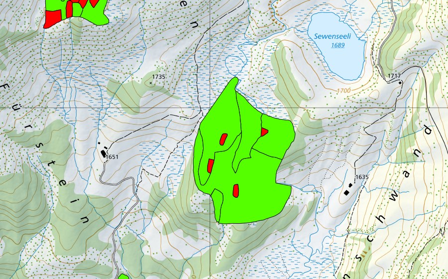 Landeskarte swisstopo mit dem Schutzperimeter von Unter Sewen (Hochmoor)