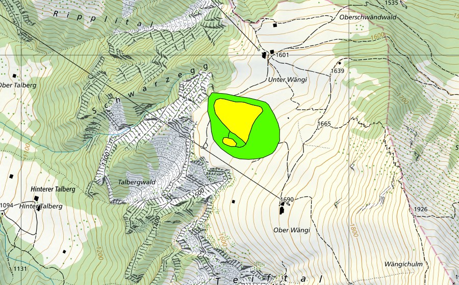 Landeskarte swisstopo mit dem Schutzperimeter von Unter Wängi (Hochmoor)