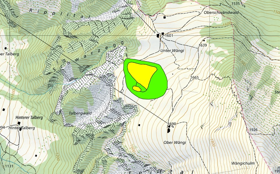 Carte nationale swisstopo avec le périmètre protégé de Unter Wängi (Haut-marais)