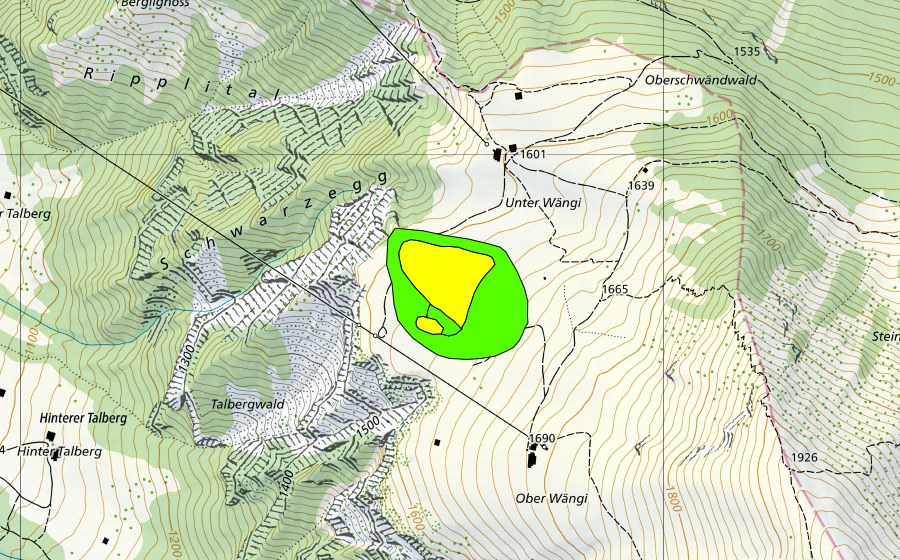 Carte nationale swisstopo avec le périmètre protégé de Unter Wängi (Haut-marais)