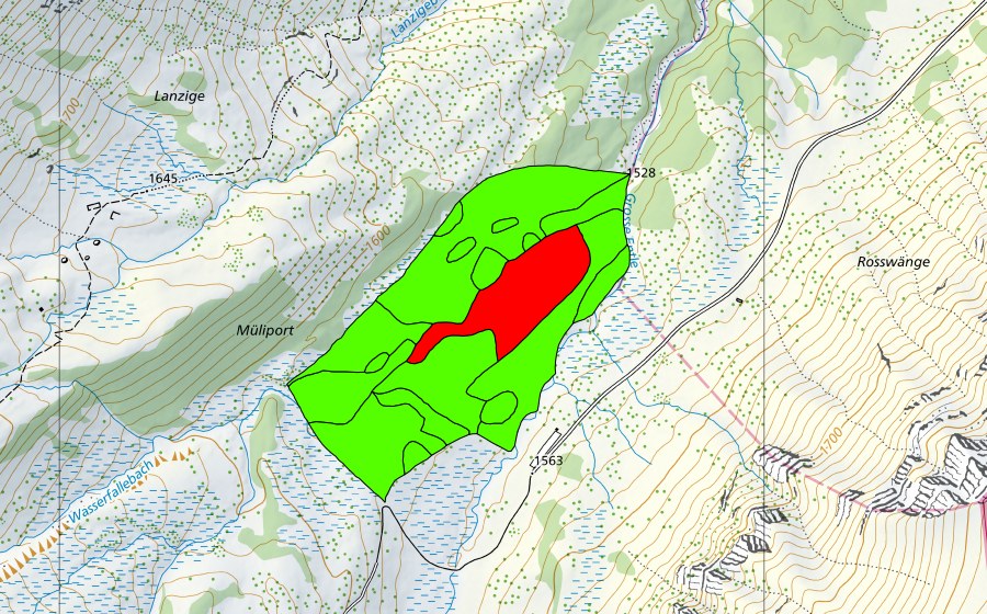 Landeskarte swisstopo mit dem Schutzperimeter von Unter Wasserfallen (Hochmoor)