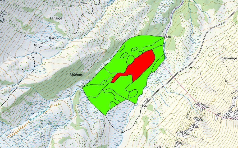 Landeskarte swisstopo mit dem Schutzperimeter von Unter Wasserfallen (Hochmoor)