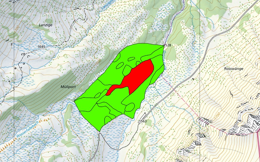 Carte nationale swisstopo avec le périmètre protégé de Unter Wasserfallen (Haut-marais)