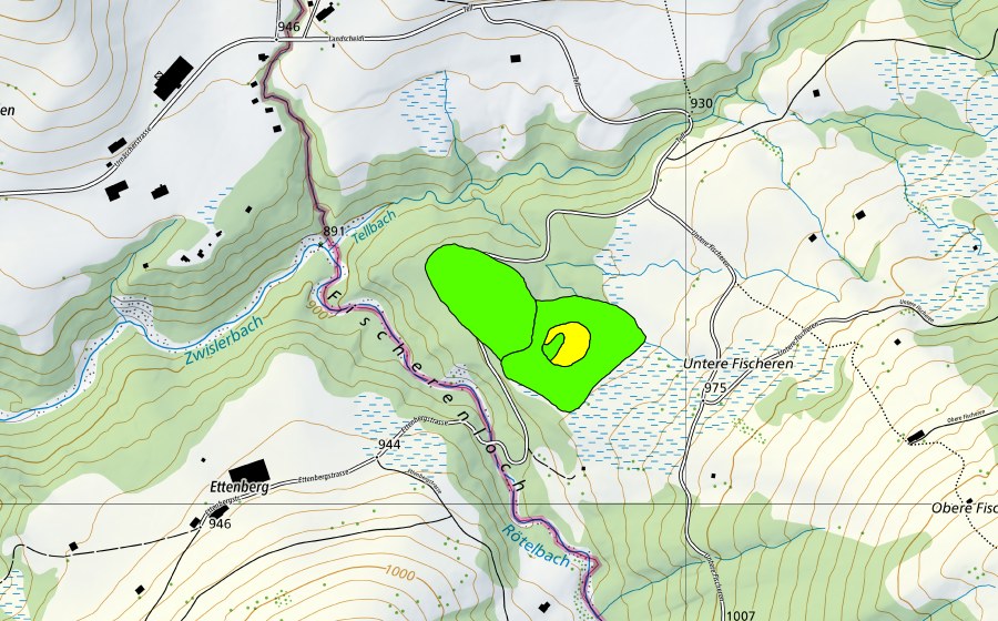 Carte nationale swisstopo avec le périmètre protégé de Untere Fischeren (Haut-marais)