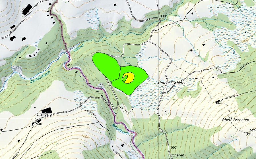 Landeskarte swisstopo mit dem Schutzperimeter von Untere Fischeren (Hochmoor)