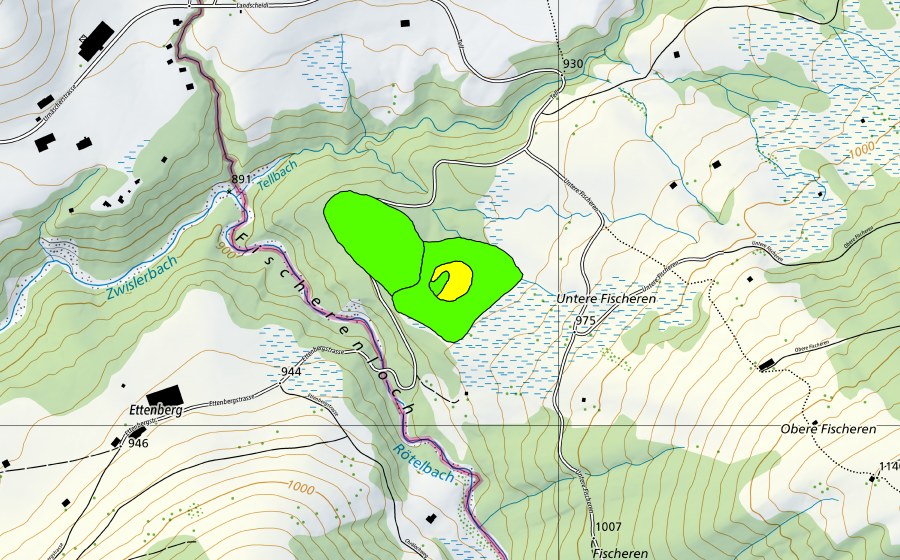 Landeskarte swisstopo mit dem Schutzperimeter von Untere Fischeren (Hochmoor)