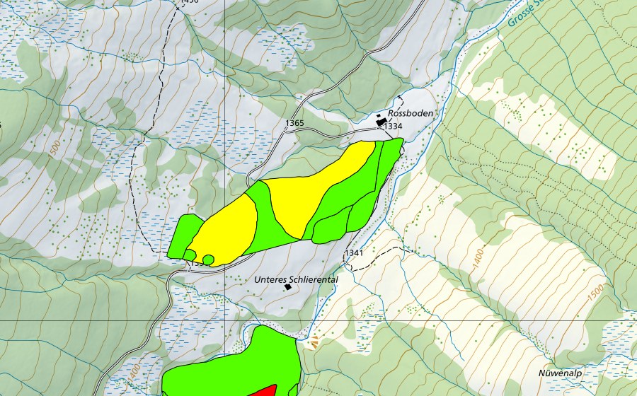 Carte nationale swisstopo avec le périmètre protégé de Unteres Schlierental (Haut-marais)